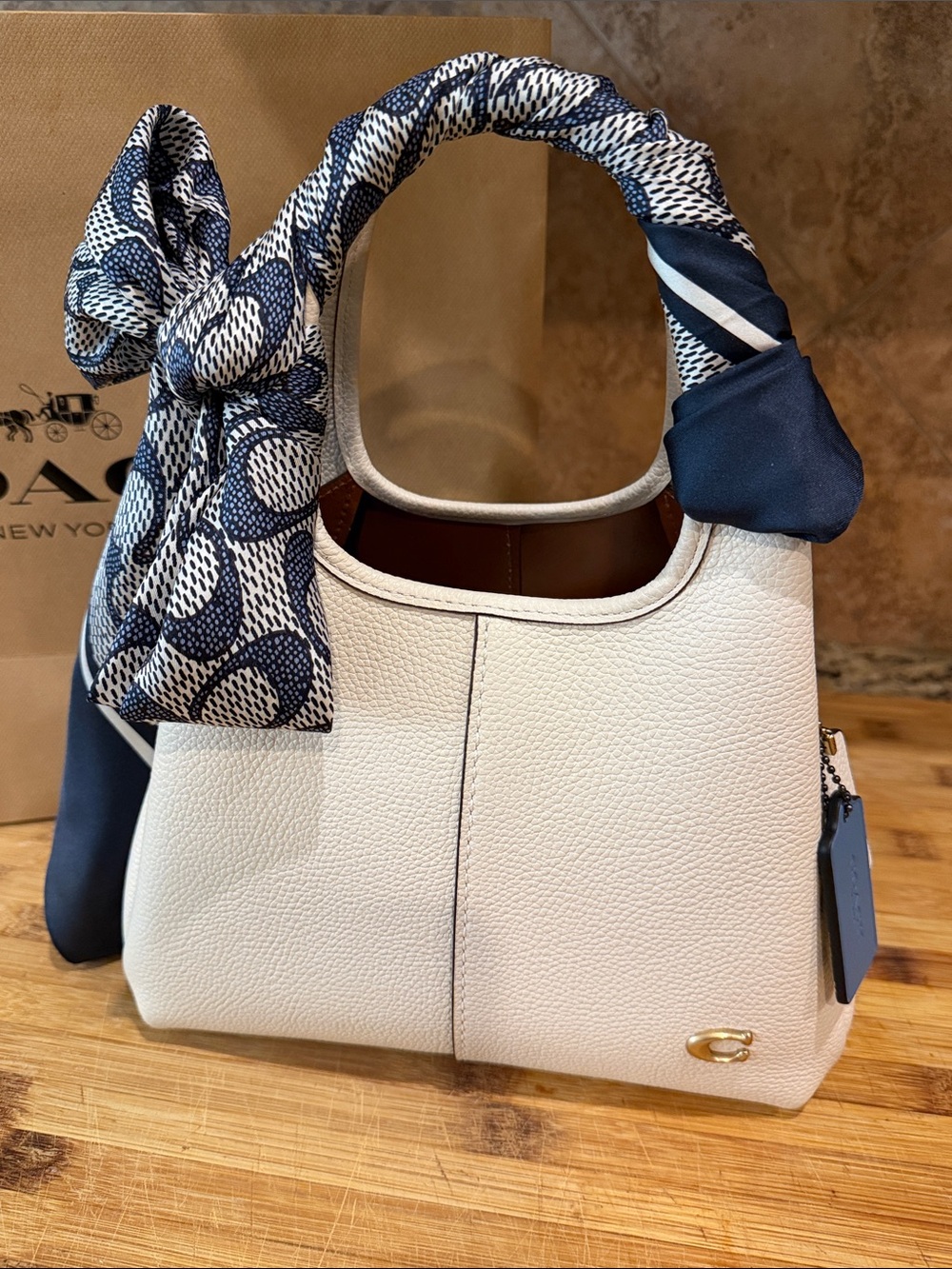 Coach White Pebbled Leather Shoulder Bag with Navy Scarf Accent
